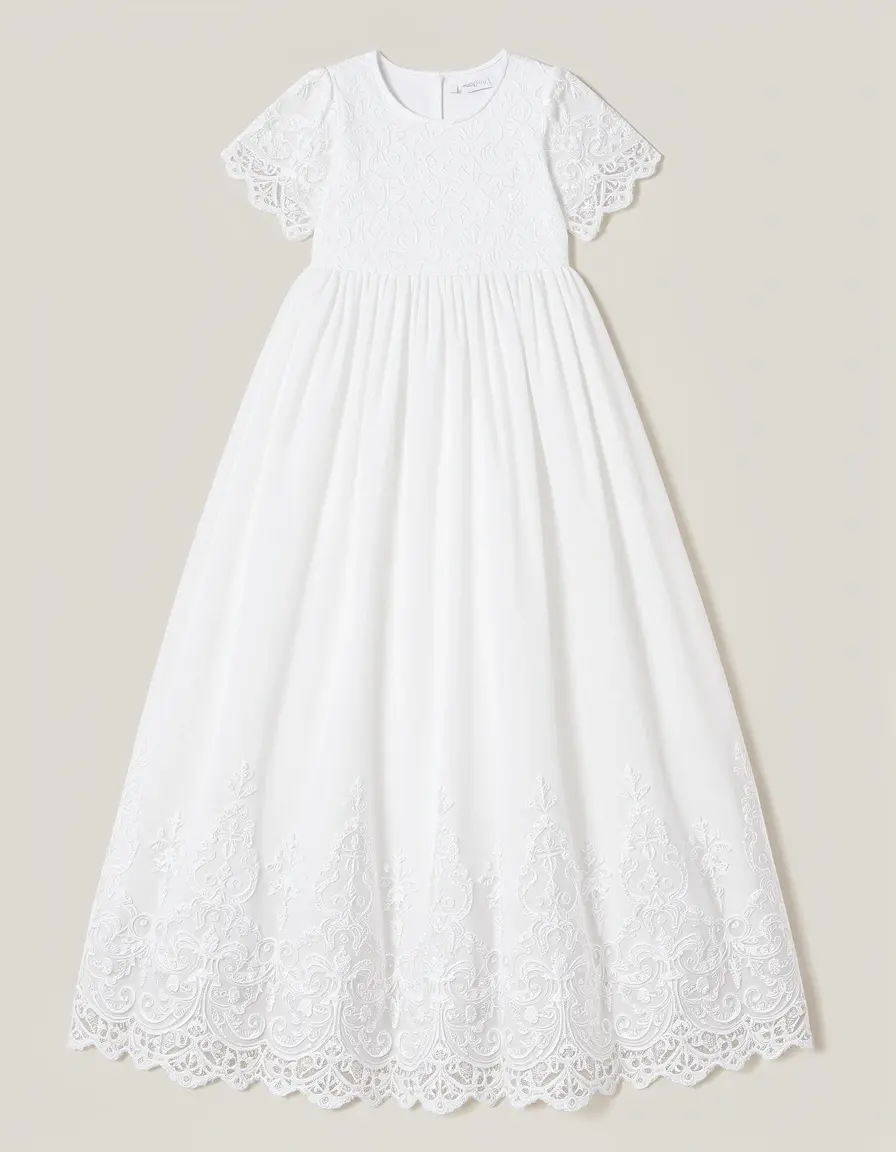 Vestito lungo bianco in pizzo per battesimo neonata