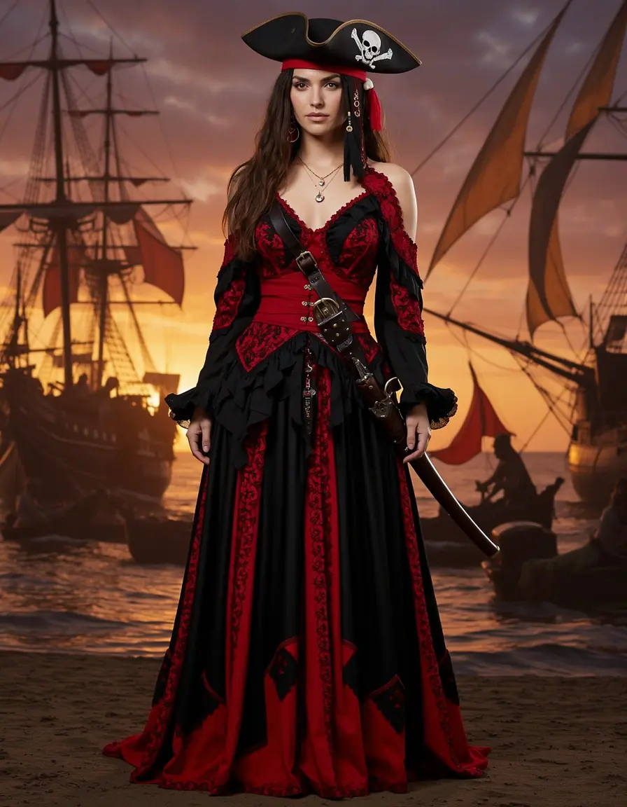 Costume da pirata donna nero e rosso