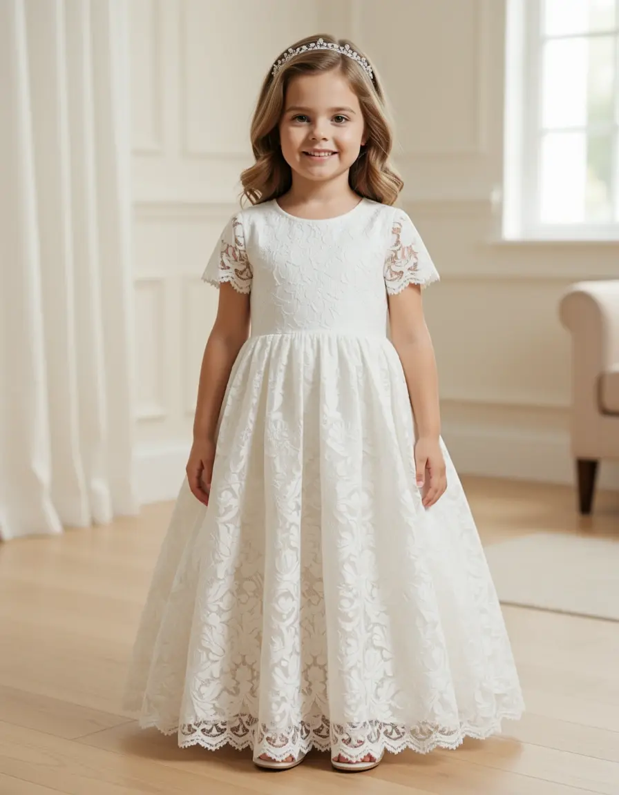 Abito midi in pizzo bianco per bambina