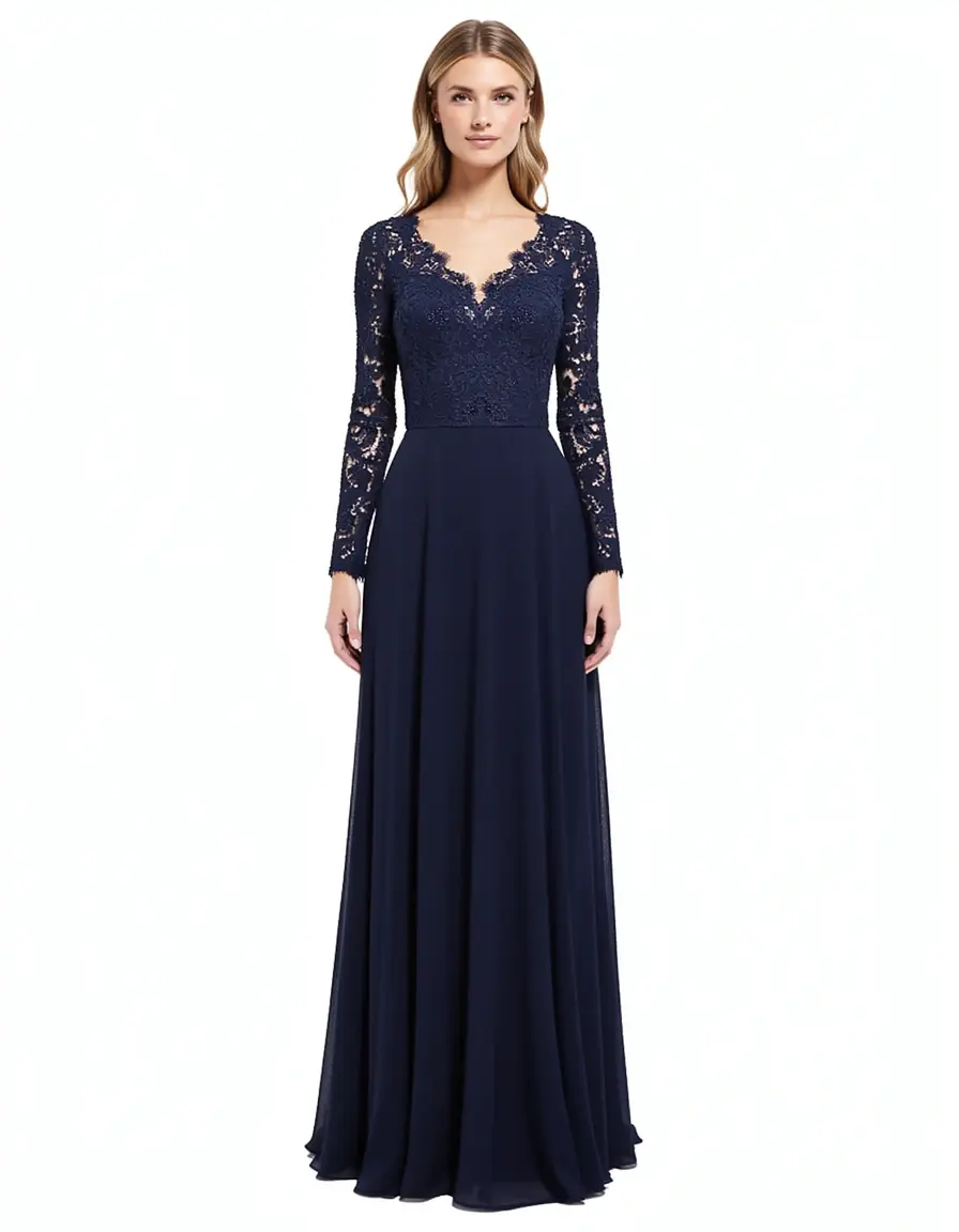 Vestito mamma della sposa maniche lunghe blu navy