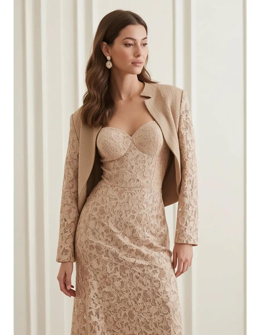 Completo abito pizzo e giacca beige elegante