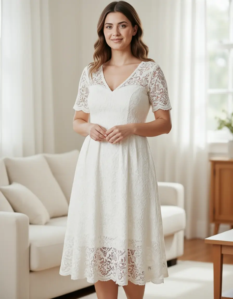 Abito al ginocchio in pizzo bianco elegante per cerimonia
