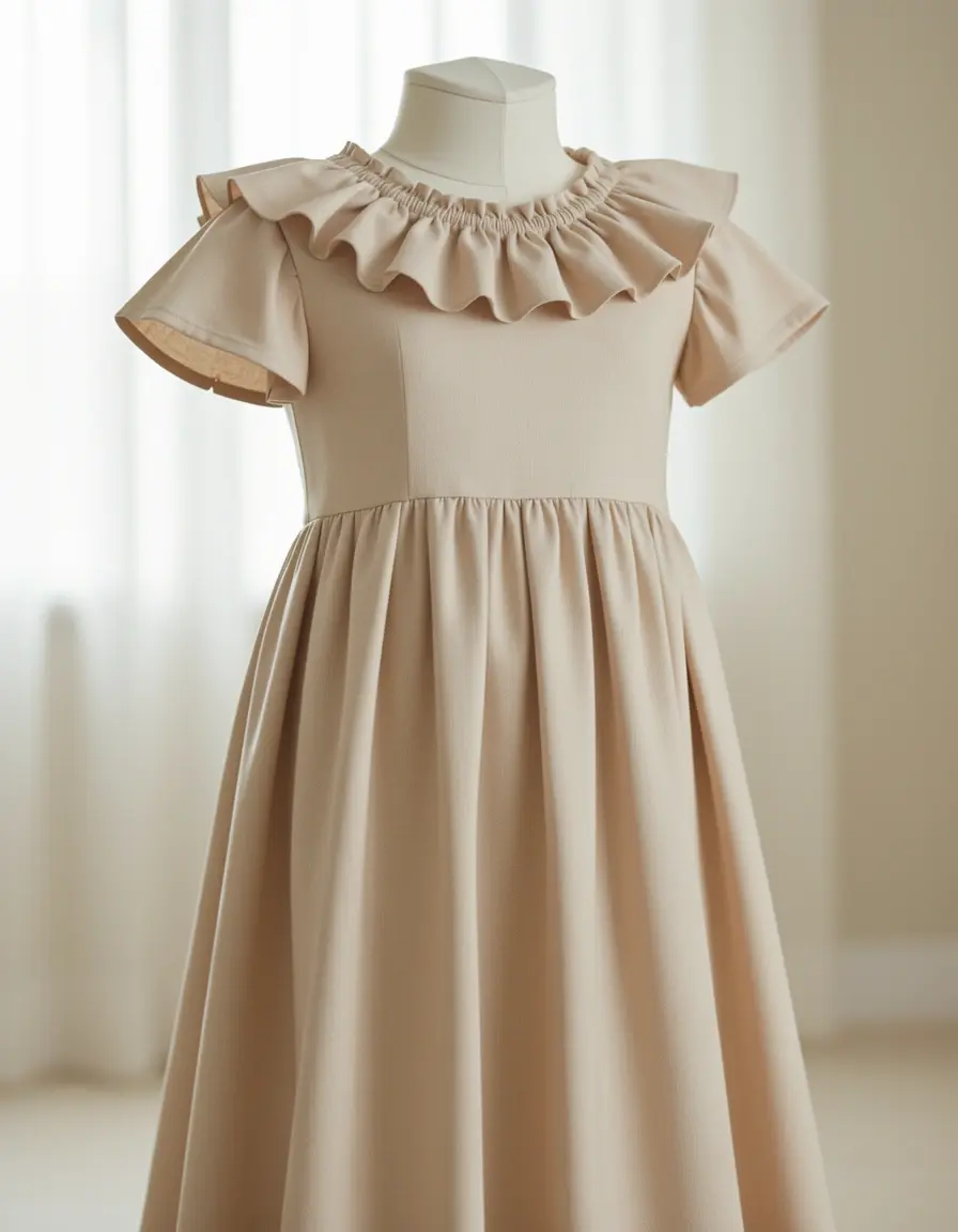 Vestito con colletto a volant beige stile bon ton