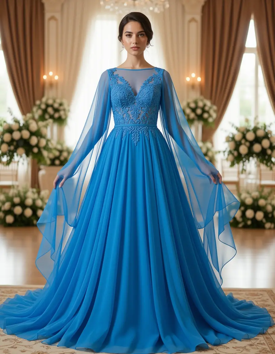 Abito lungo fluido in chiffon blu