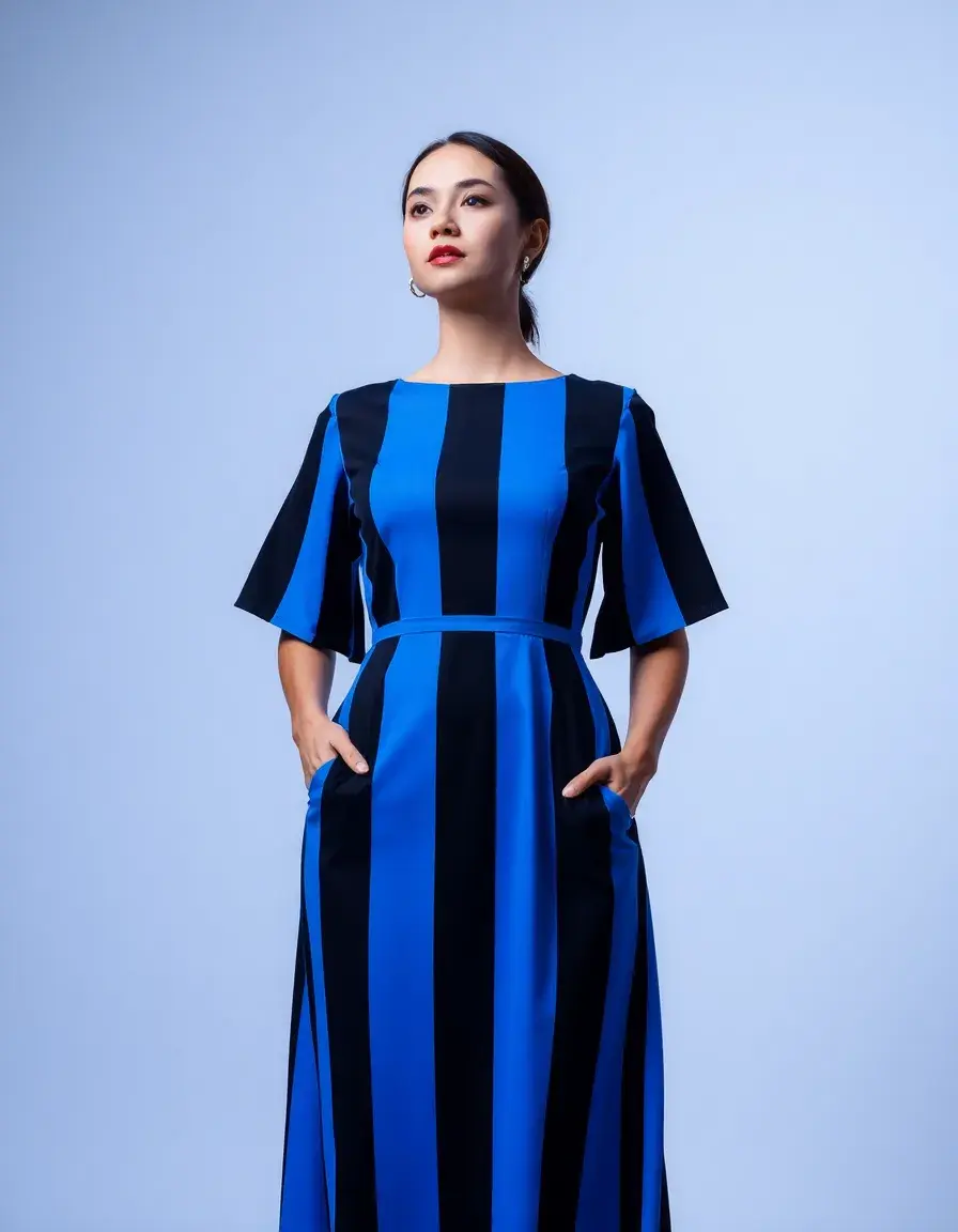 Vestito a righe blu e nero effetto ottico