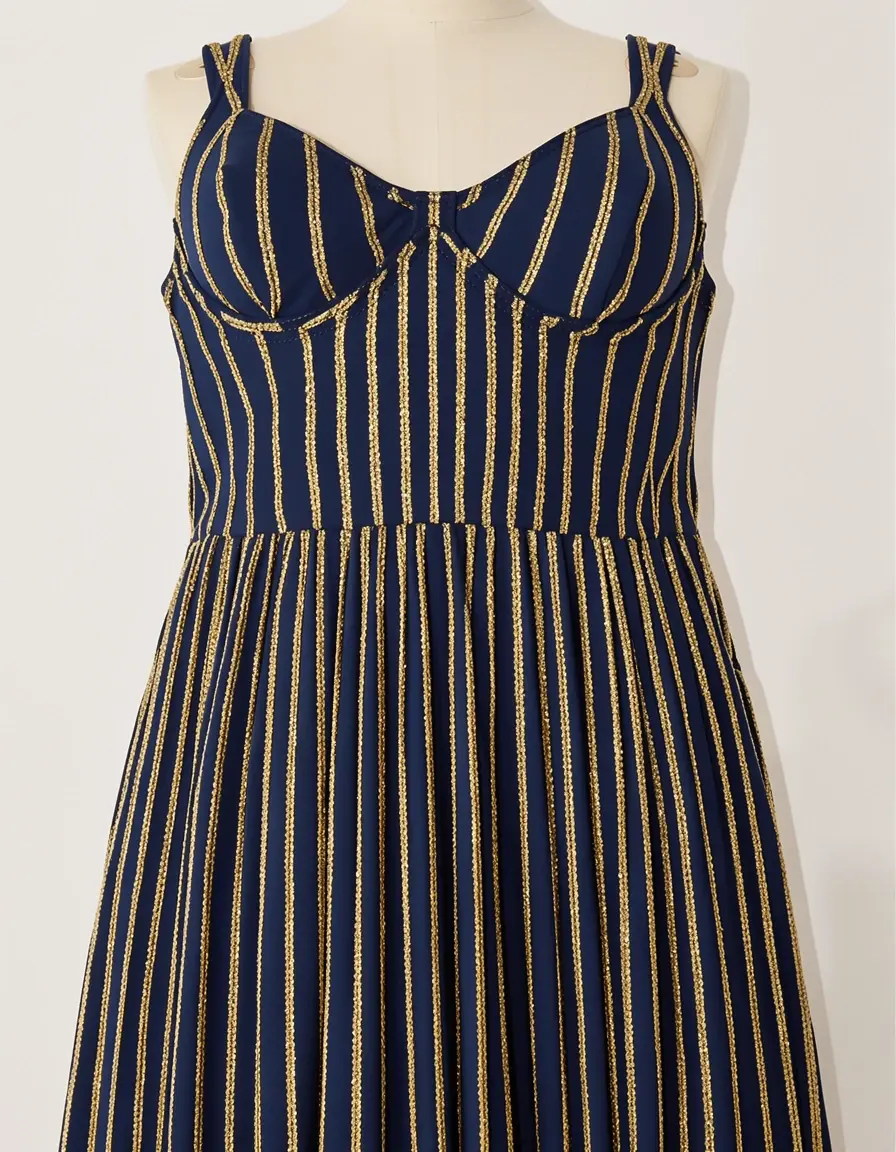 Abito a righe blu navy e oro stile illusione