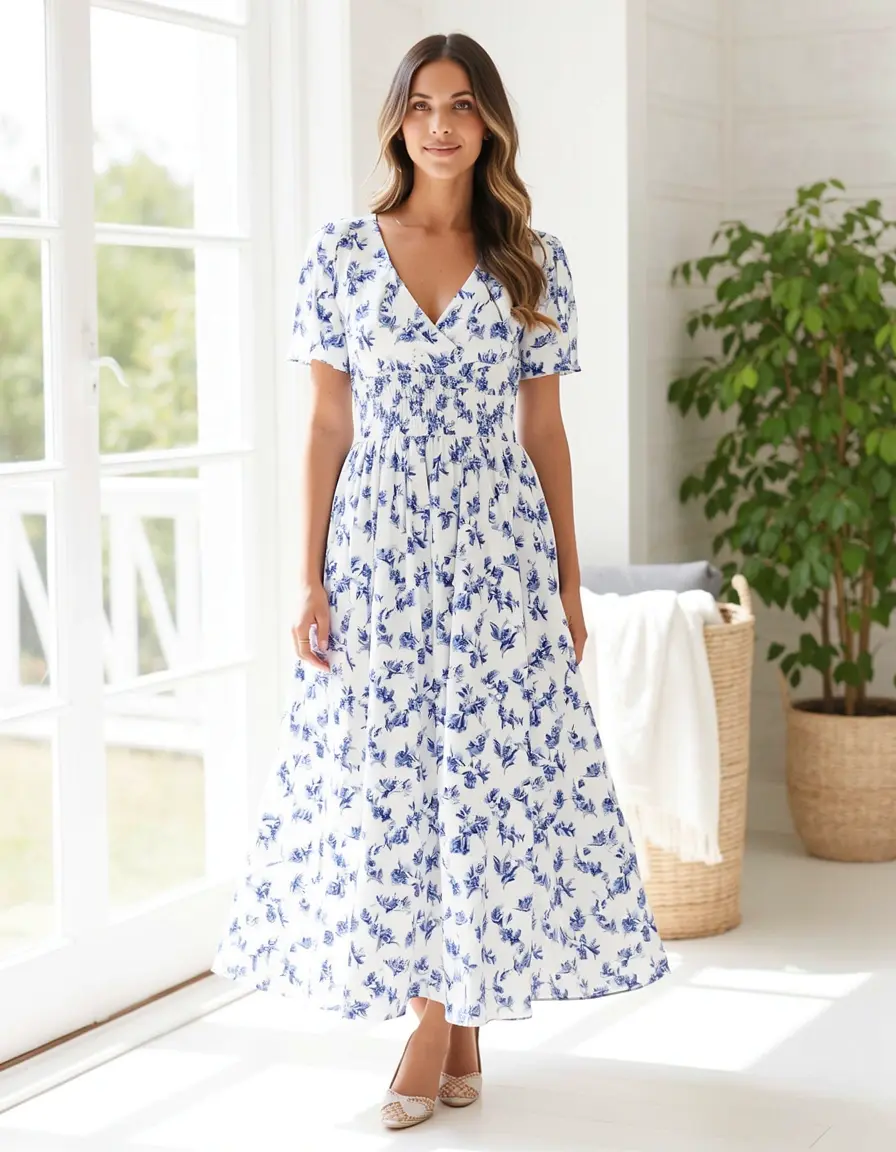 Vestito floreale bianco e blu fresco