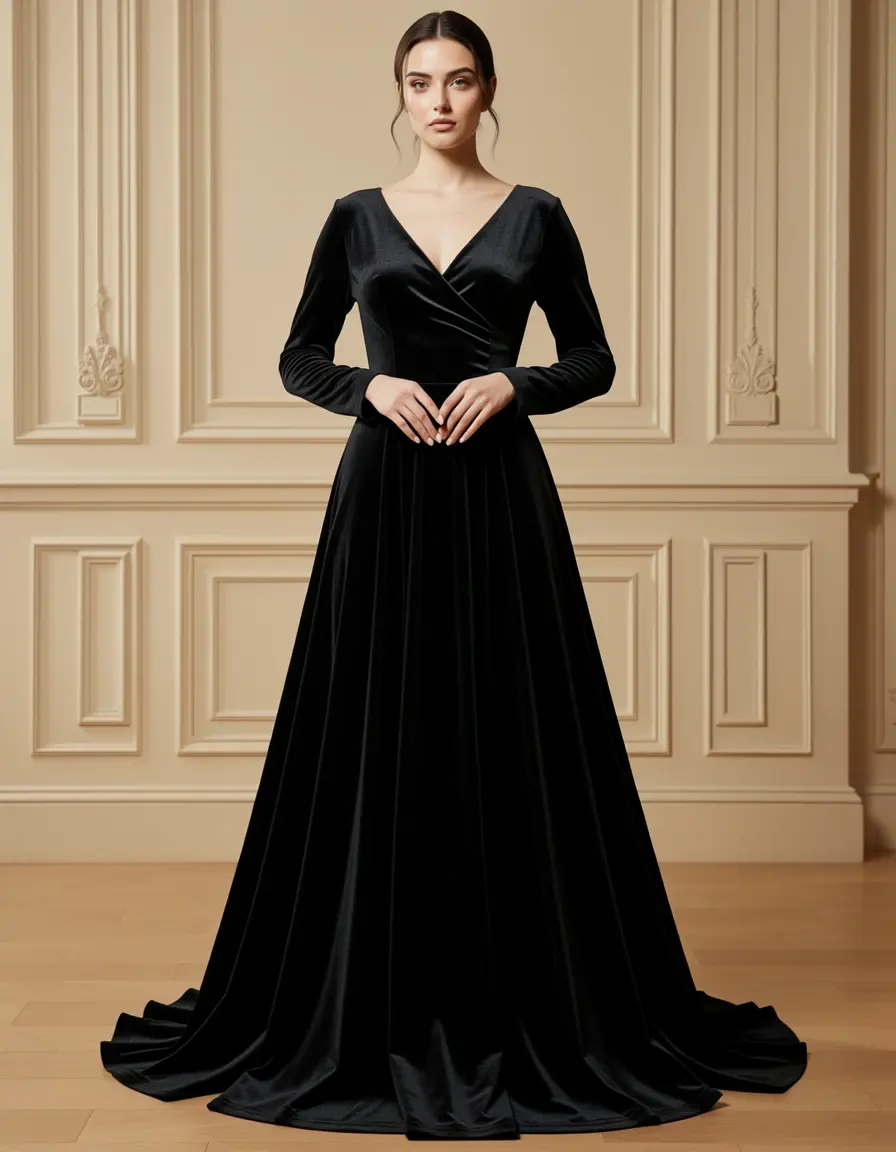 Lungo abito in velluto nero elegante per capodanno