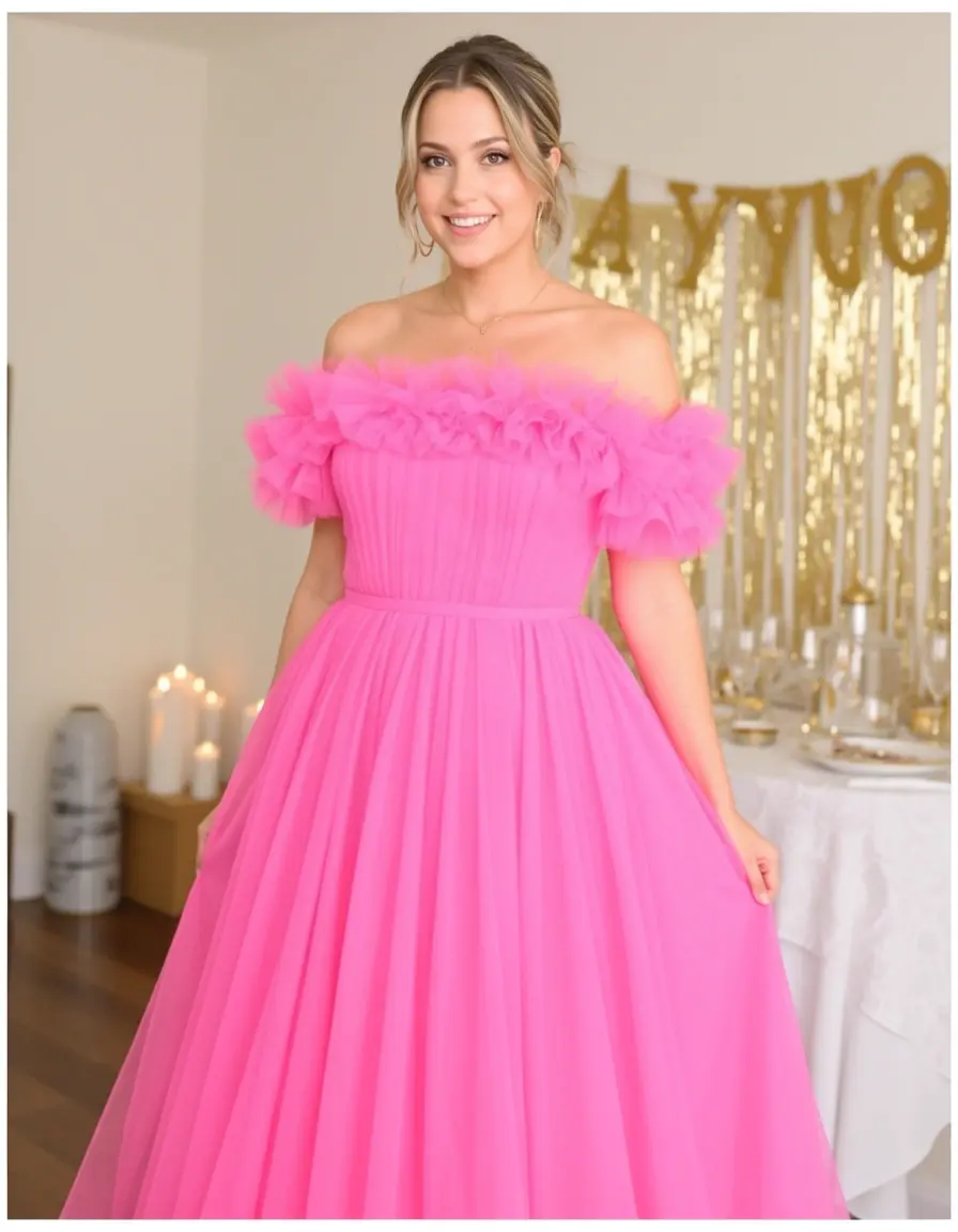 Vestito rosa con spalle scoperte per capodanno