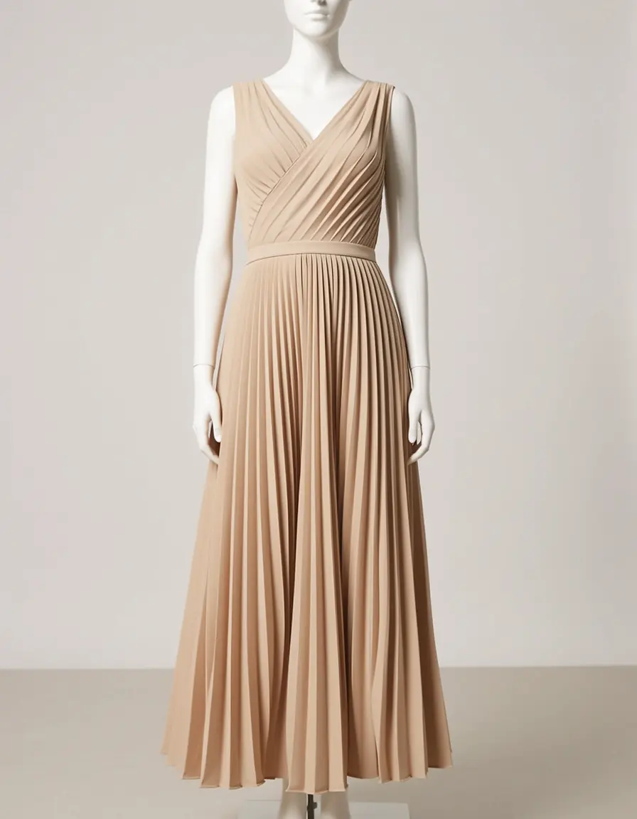 Pleated Midi Dress - Abito midi plissé beige