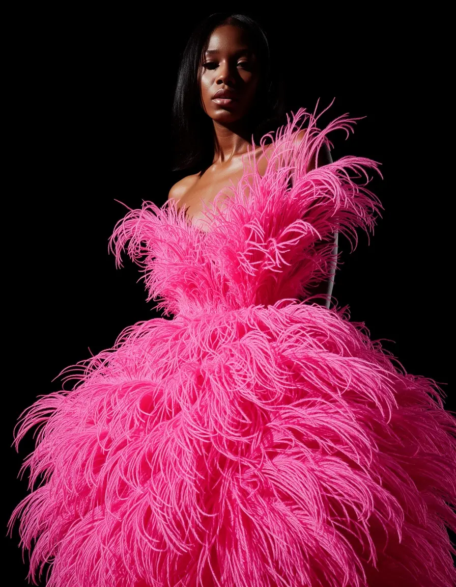 Vestito rosa drammatico in piume di struzzo