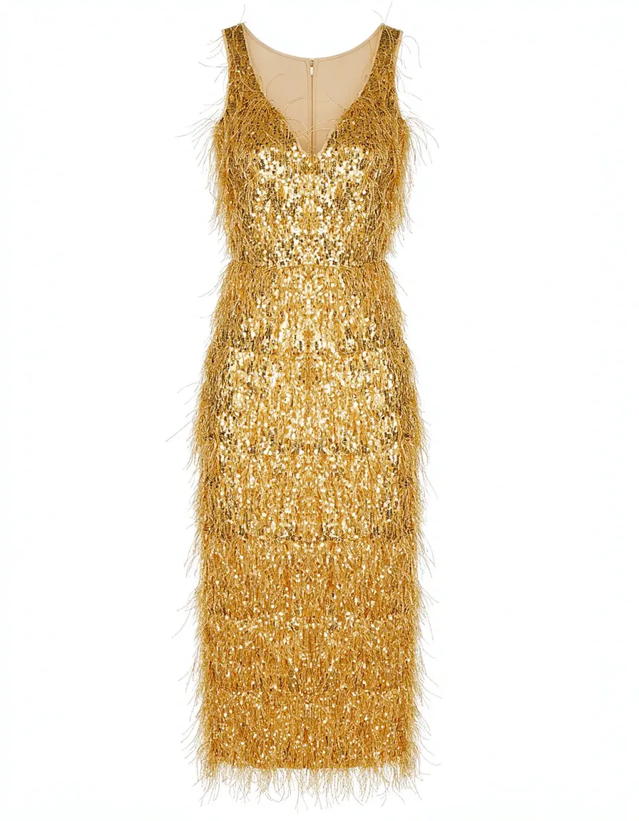 Vestito dorato con paillettes e piume scintillante