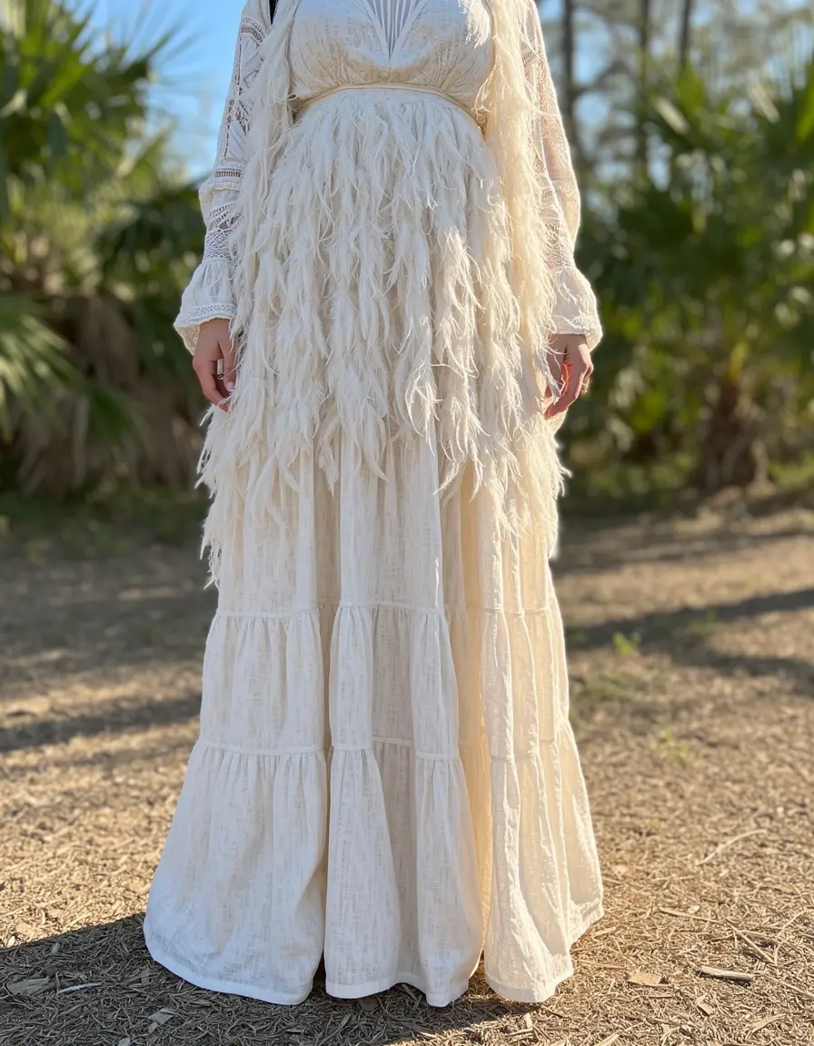 Vestito maxi stile boho con piume naturali
