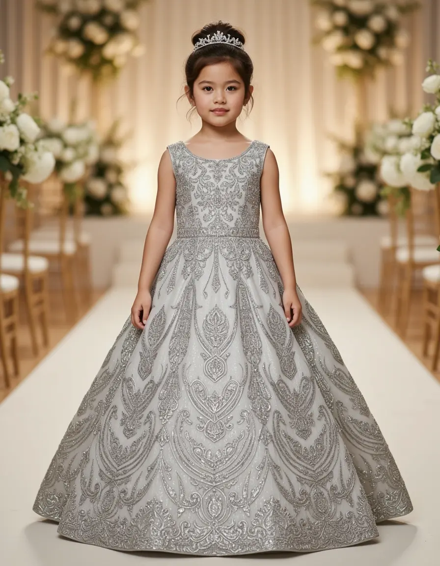 Elegante abito da cerimonia con perline argento