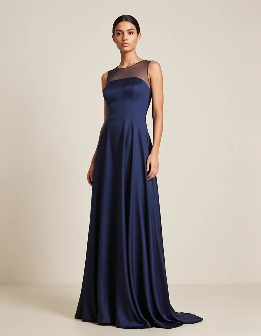 Vestito da sera lungo in satin blu navy