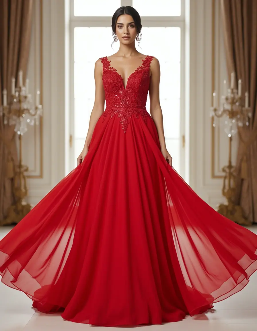 Vestito da sera rosso in chiffon fluido