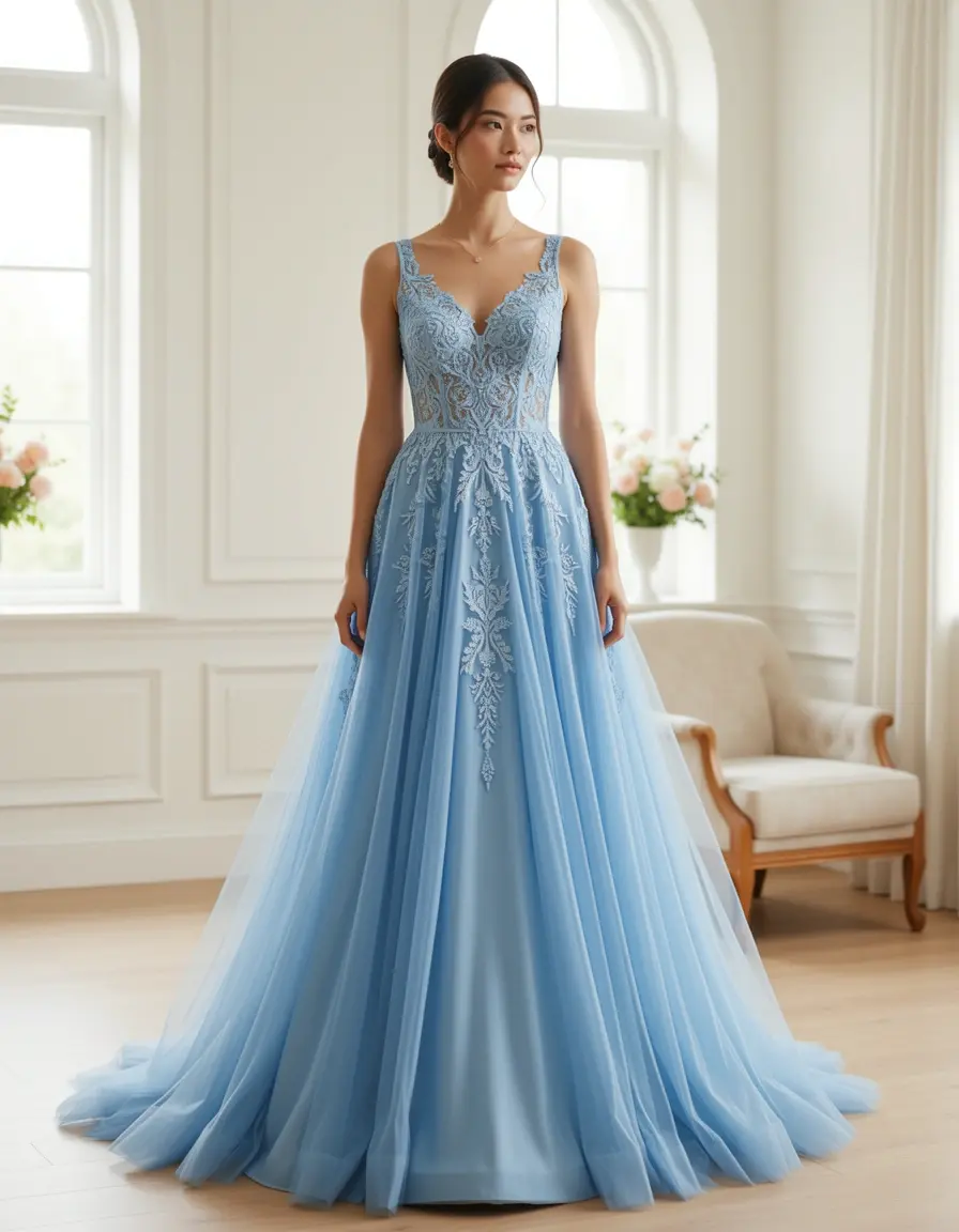 Blue Lace Bridesmaid Dress