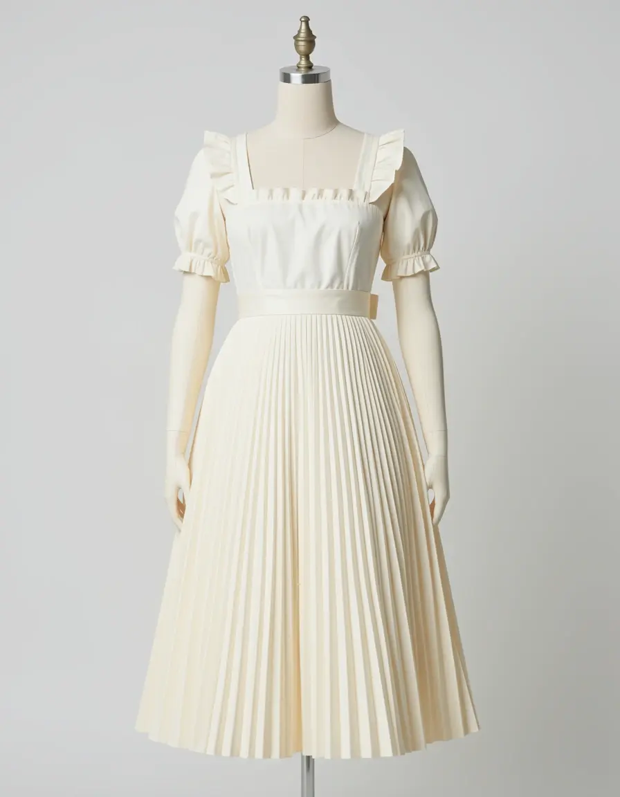 Ivory Pleated Dress - Vestito damigella avorio plissettato