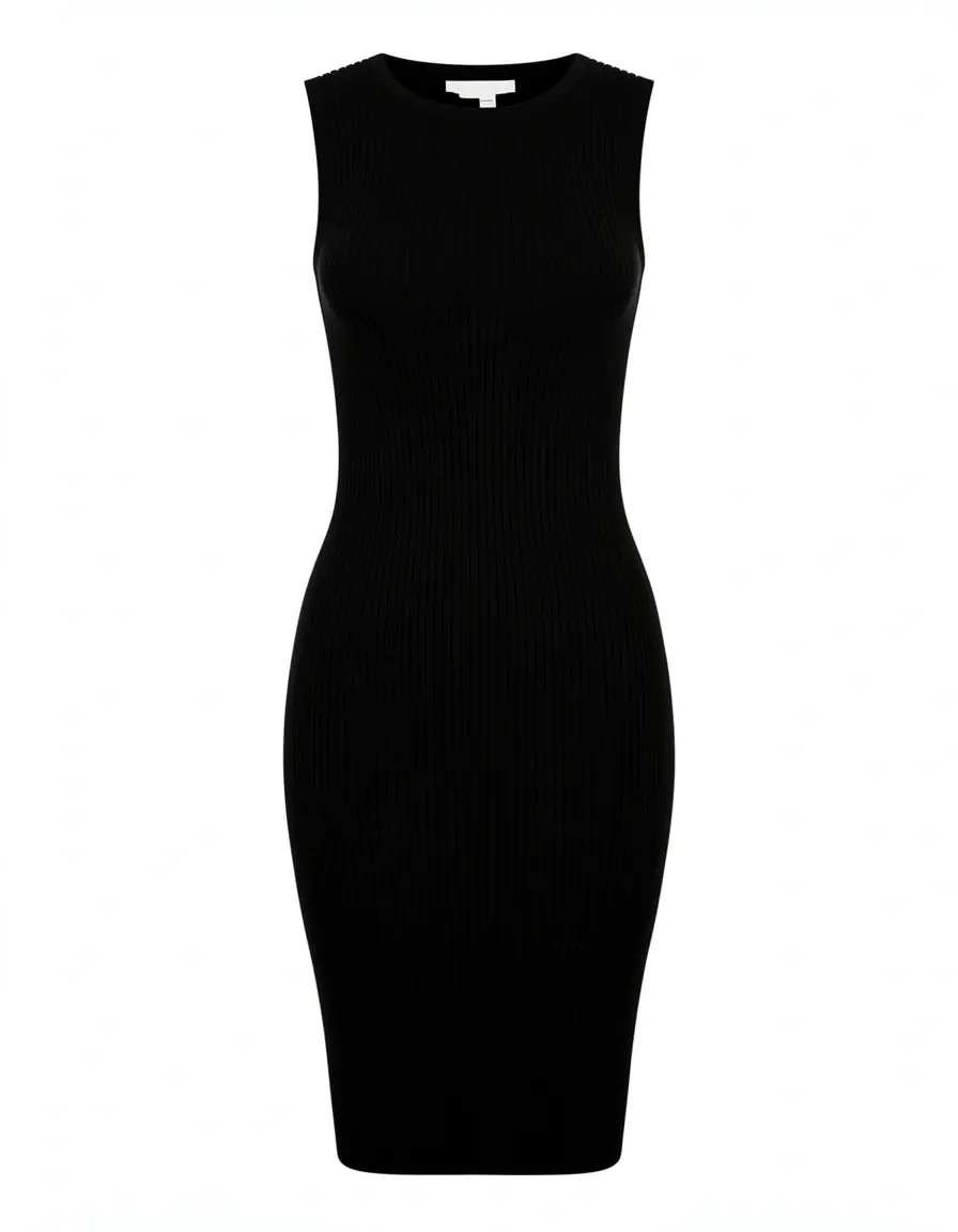 Black Ribbed Knit Dress - Vestito in maglia nero a costine