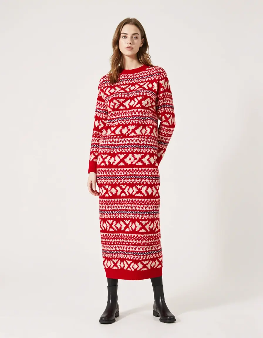 Red Fair Isle Knit - Vestito in maglia rosso con motivi