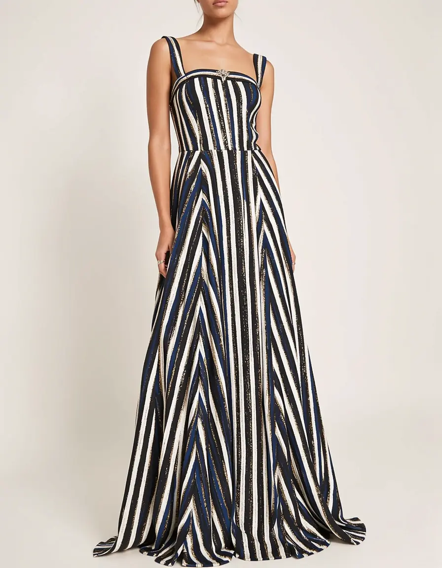 Vestito a strisce illusione nero blu bianco oro