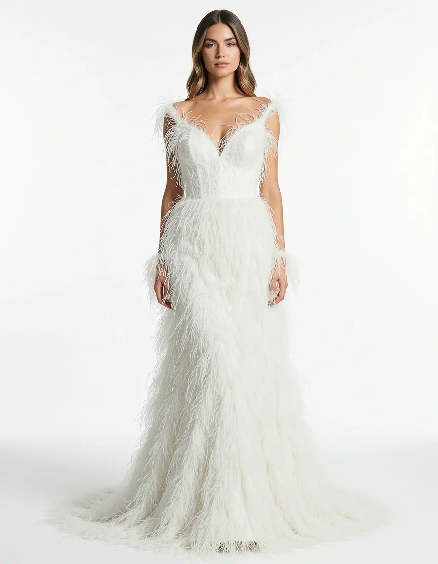 Boa Piume Gown lungo bianco elegante