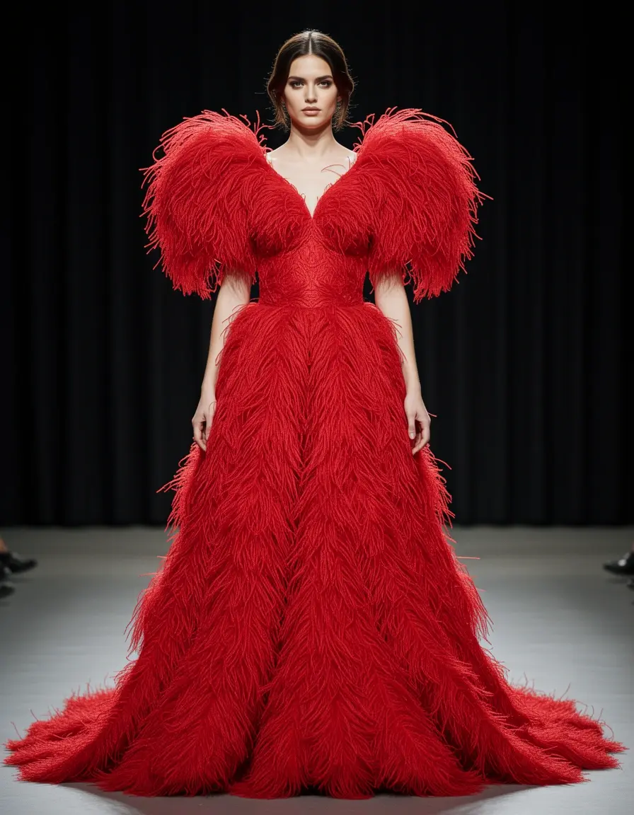 Dramatic Feather Maxi rosso lungo
