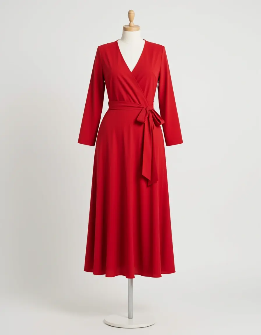 Vestito rosso a portafoglio versatile per tutti i giorni