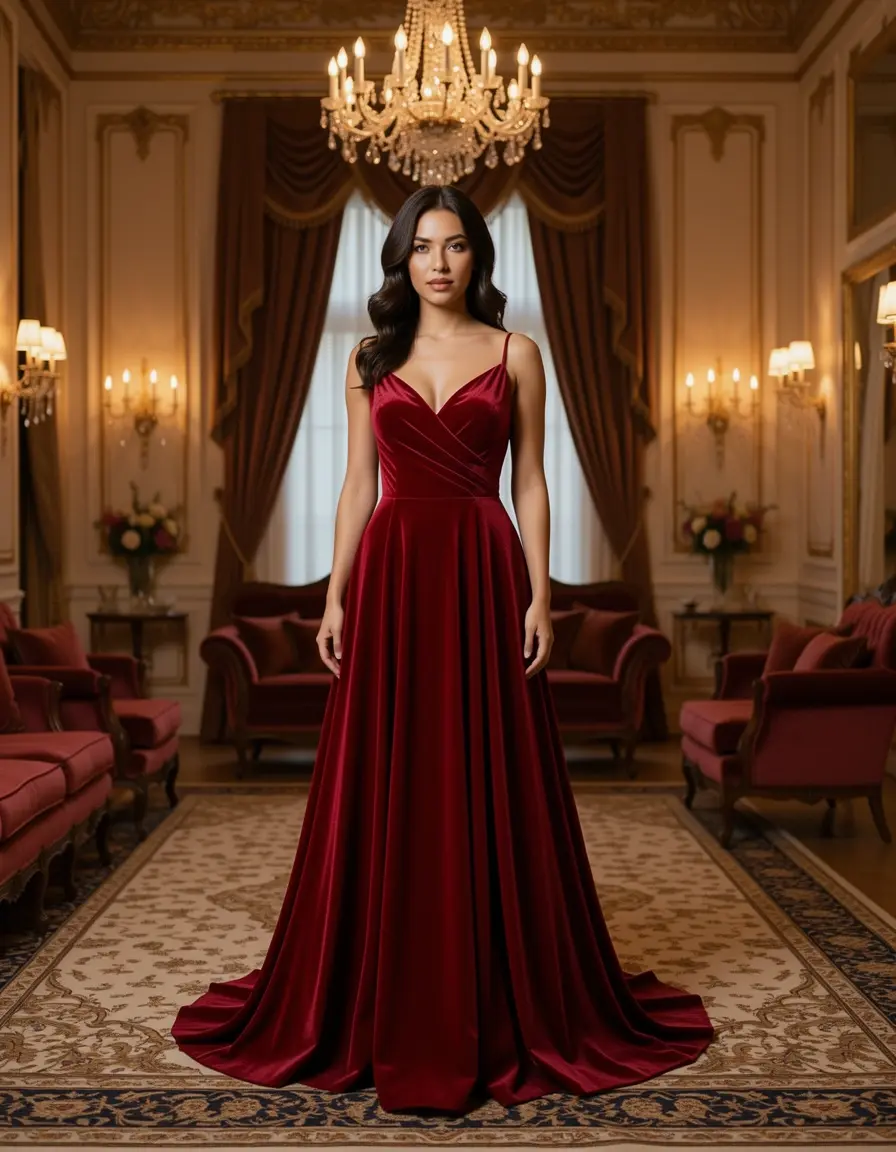 Vestito di velluto rosso lussuoso per l'inverno