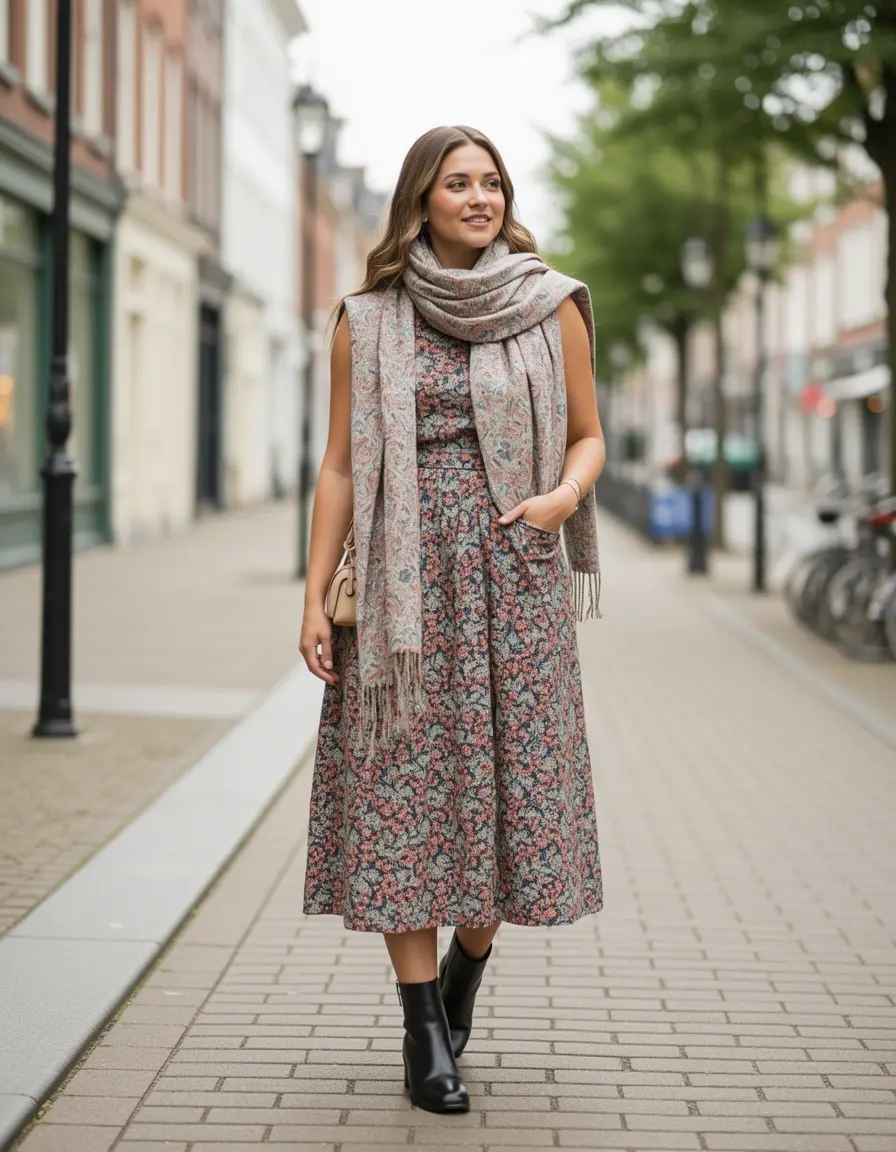 Midi dress scarf layered, mild weather