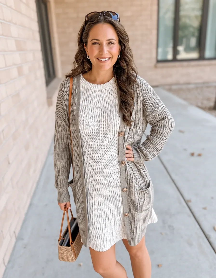 Knit dress with cardigan, transitional