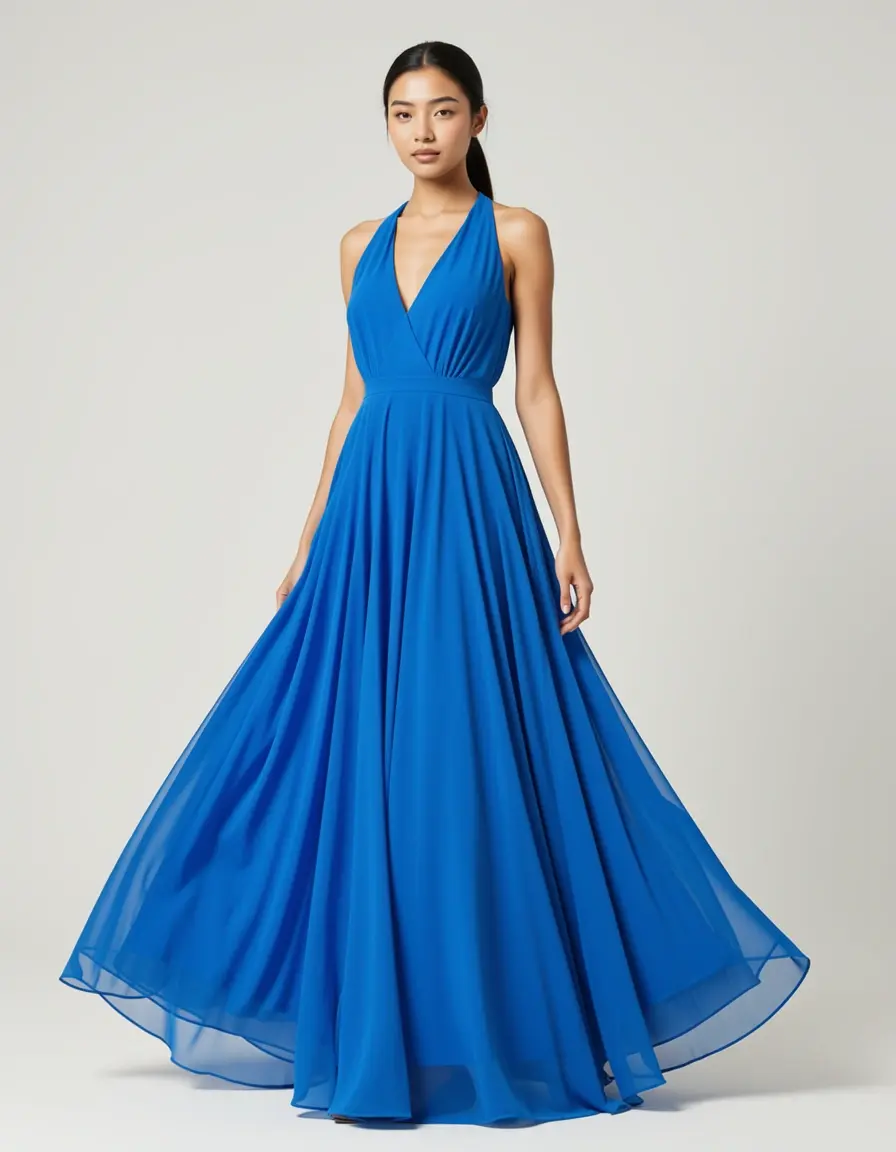 Abito lungo in chiffon blu