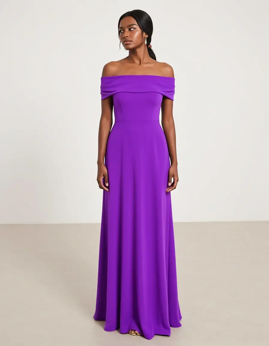 Abito lungo off-shoulder viola