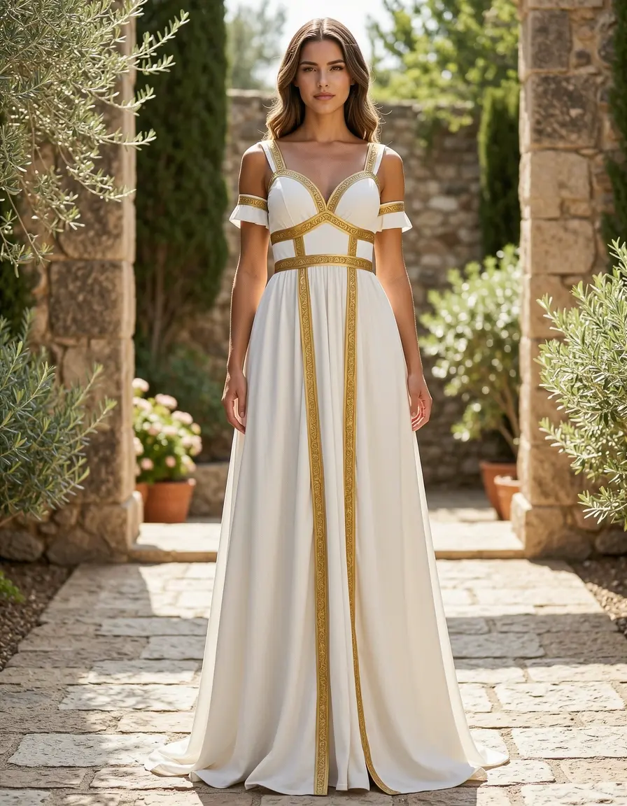 Greek Amazon Style Gown con finiture oro