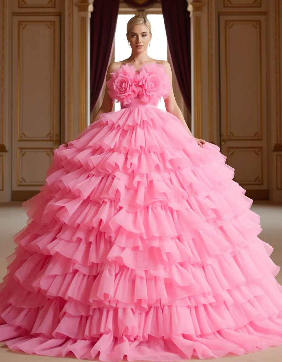 Layered Ruffle Gown rosa voluminoso