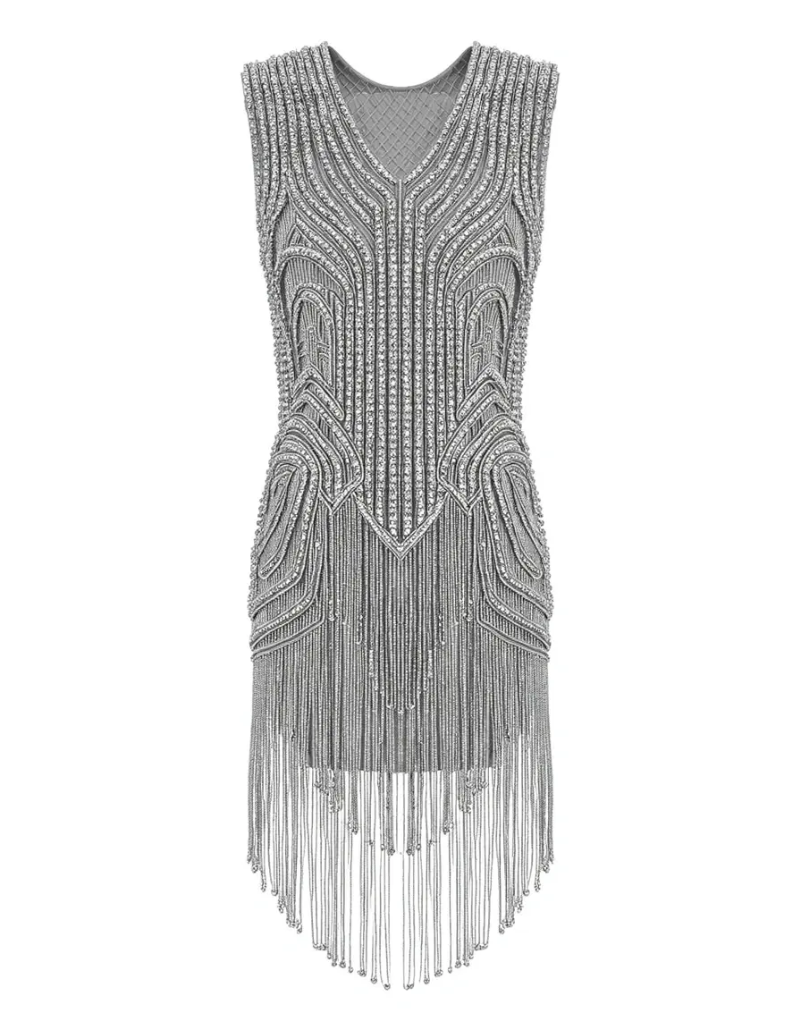 Beaded Fringe Dress argento stile vintage