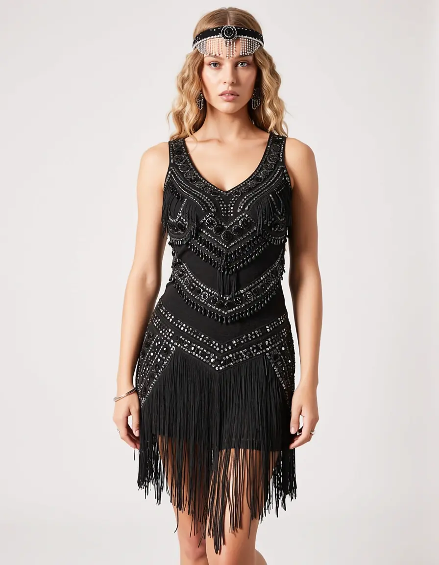 Fringe Flapper 20s Dress nero con frange