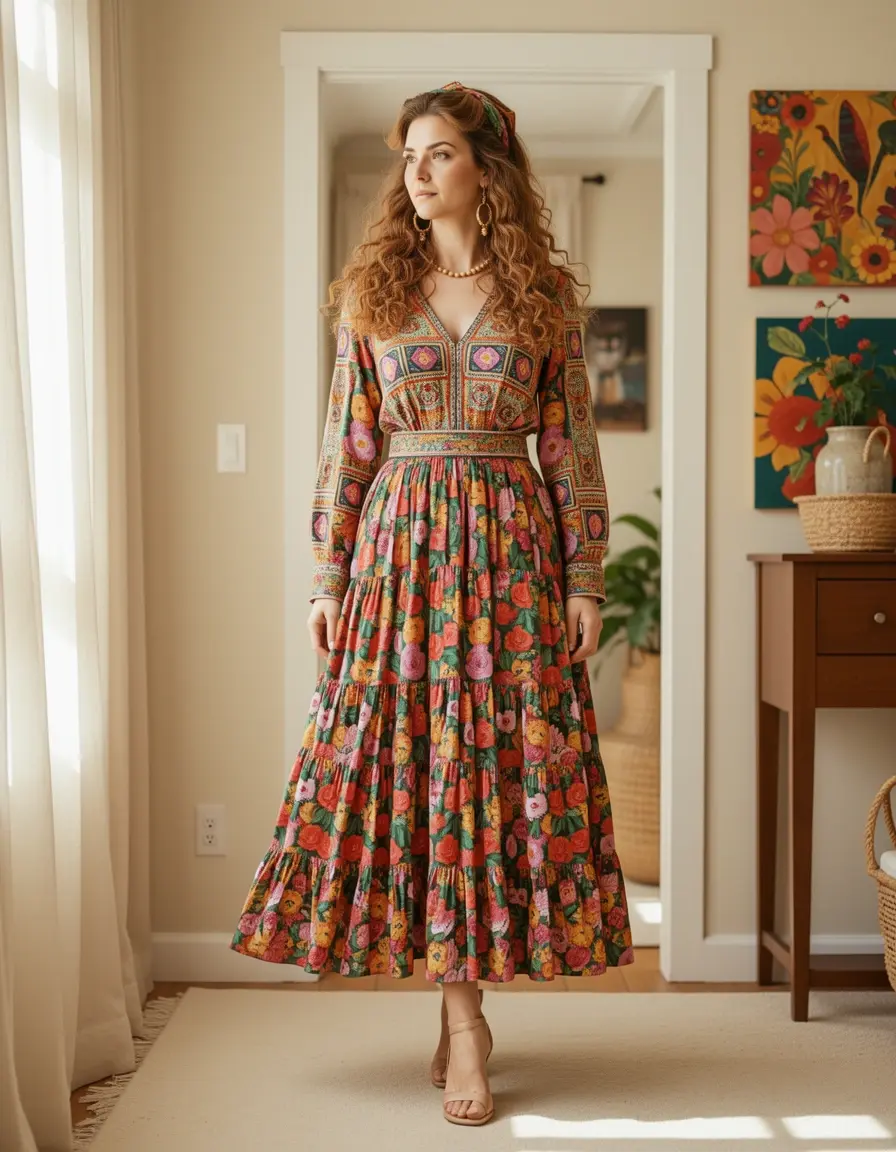 Maxi boho 70s dress floral