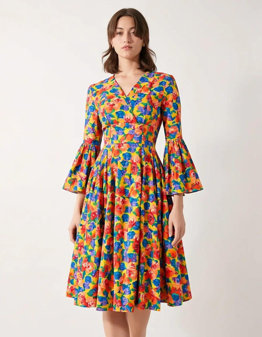 Bell sleeve 70s dress colorful