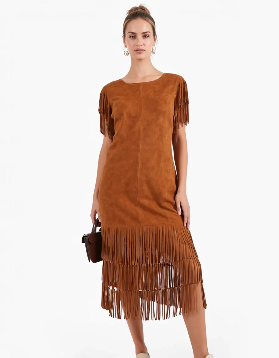 Fringe suede 70s dress brown
