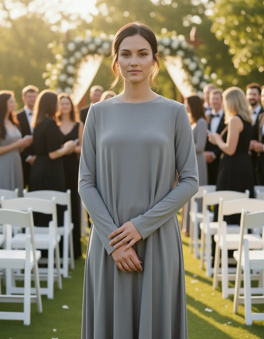 Vestito da cerimonia grigio con maniche lunghe