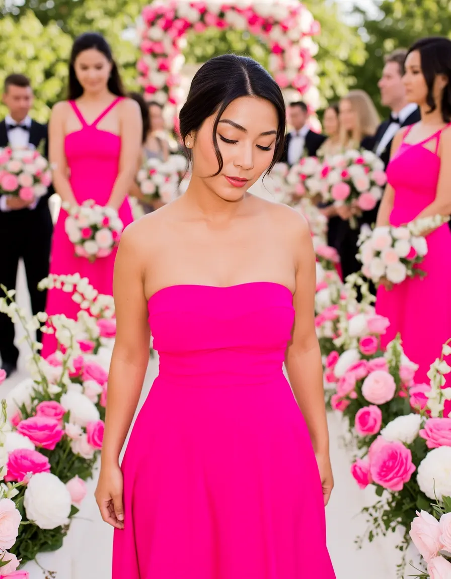 Abito da cerimonia senza spalline rosa
