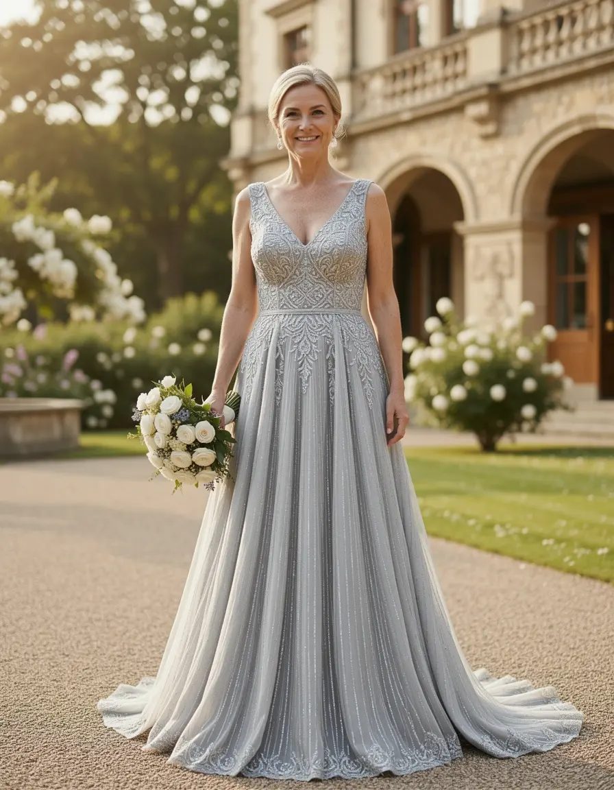 Elegante abito argento per la mamma della sposa
