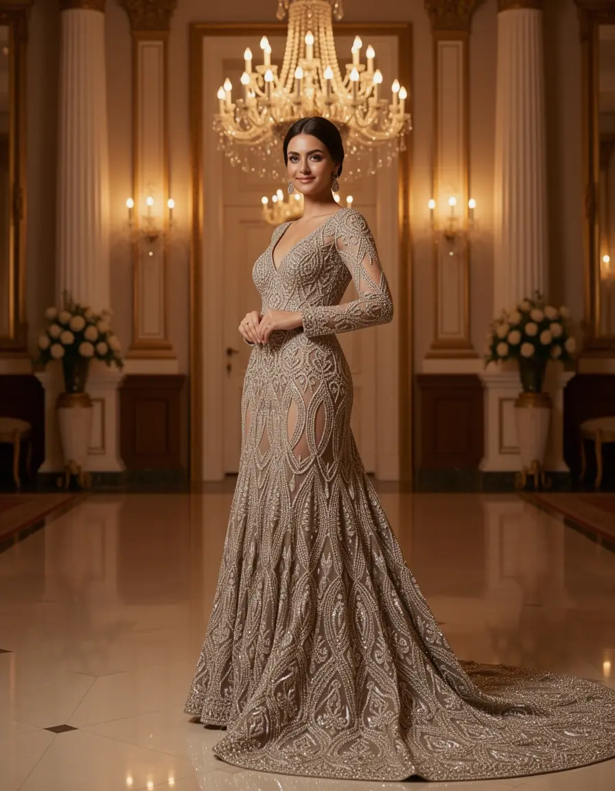 Vestito lungo decorato con perline glamour