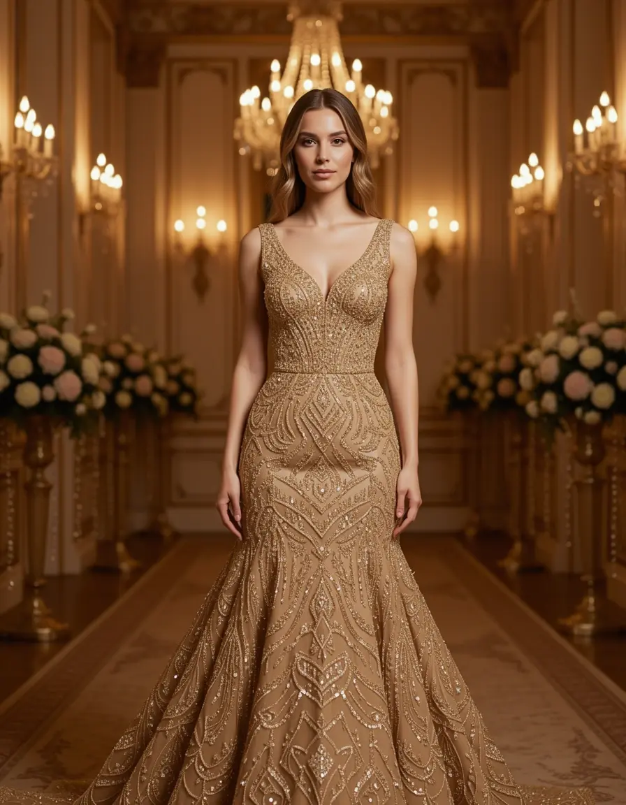 Vestito da sera con perline dorato elegante