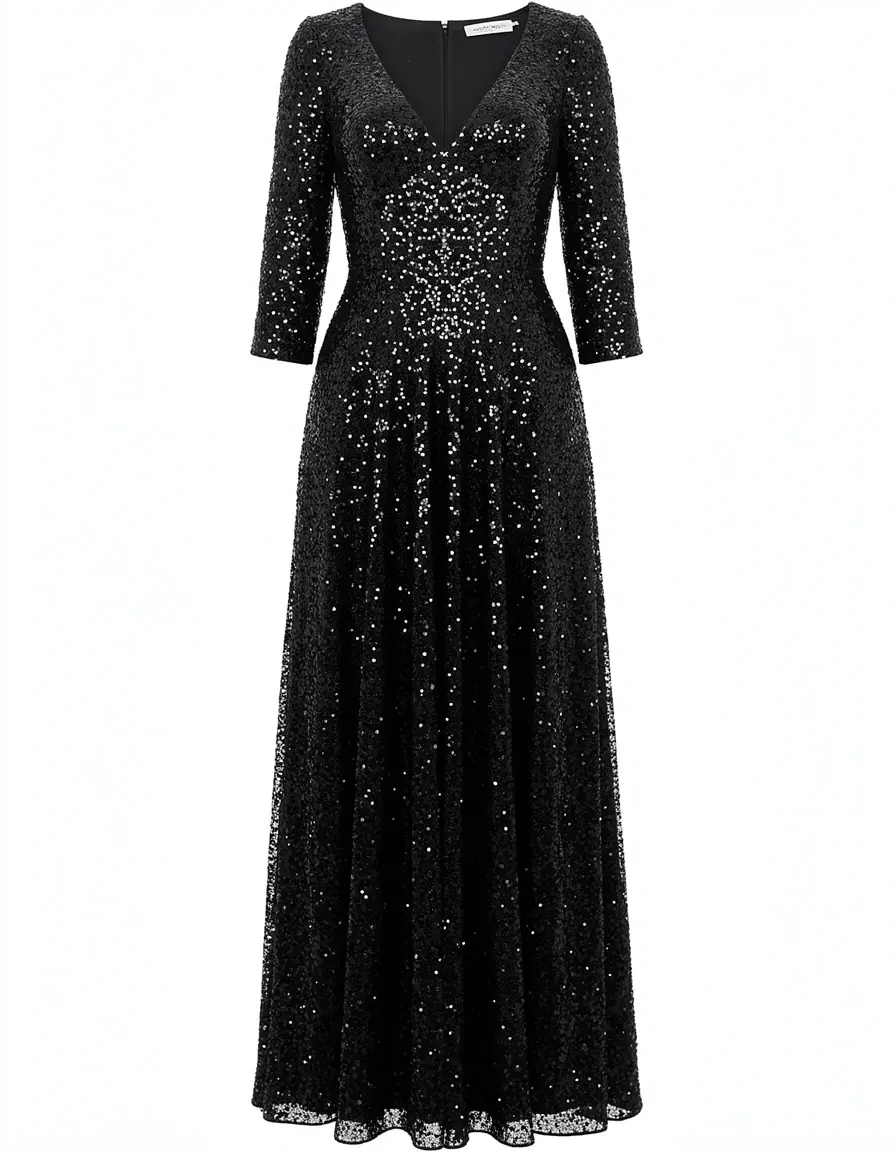 Abito lungo con paillettes nero scintillante