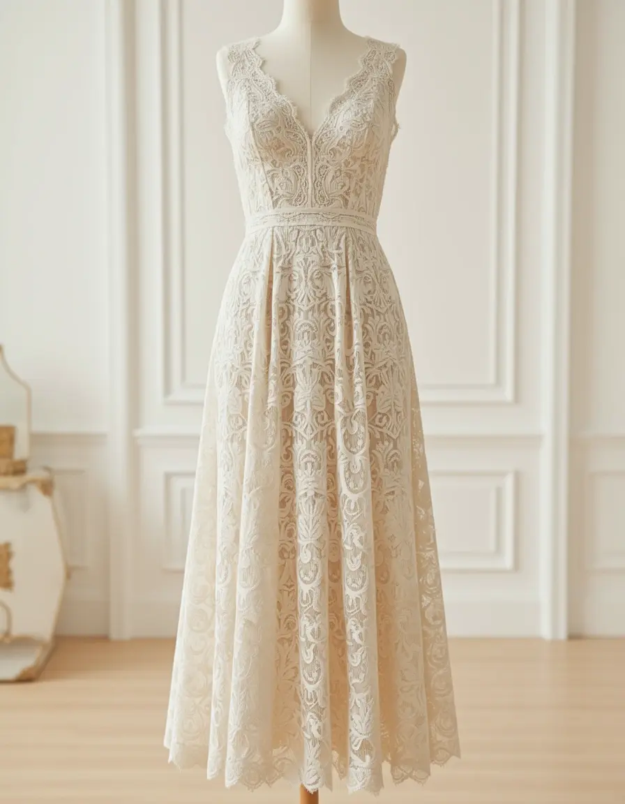 Exquisite Lace Midi in ivory, abiti da donna eleganti pizzo