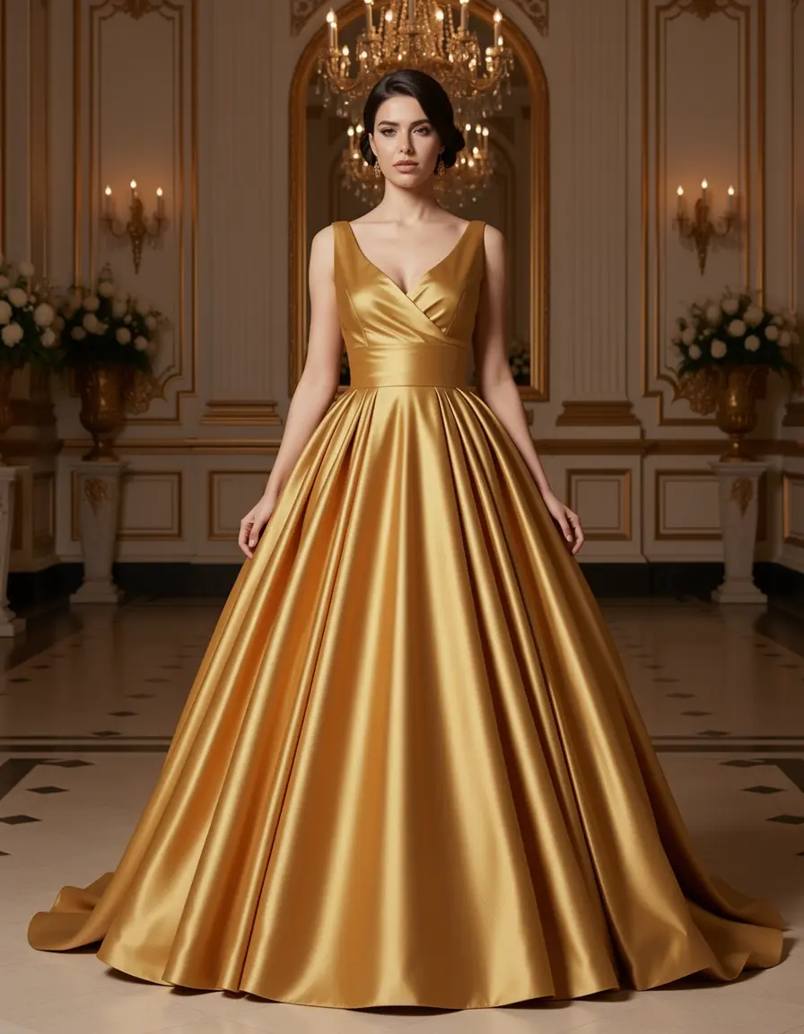 Sumptuous Taffeta Dress in gold, abito elegante oro