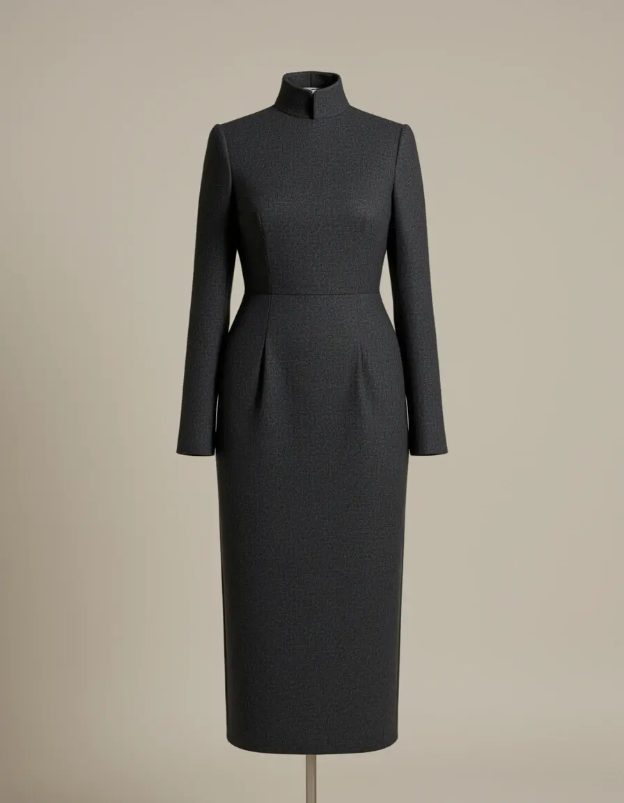 Polished Wool Dress in charcoal, abito elegante strutturato