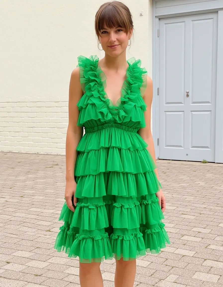 Vestito verde con ruches e volant anni 80
